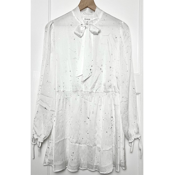 NWT AVEC FILLES Metallic Abstract Print Long Sleeve Tie Neck Ruffle Cuff Dress M - Picture 5 of 8